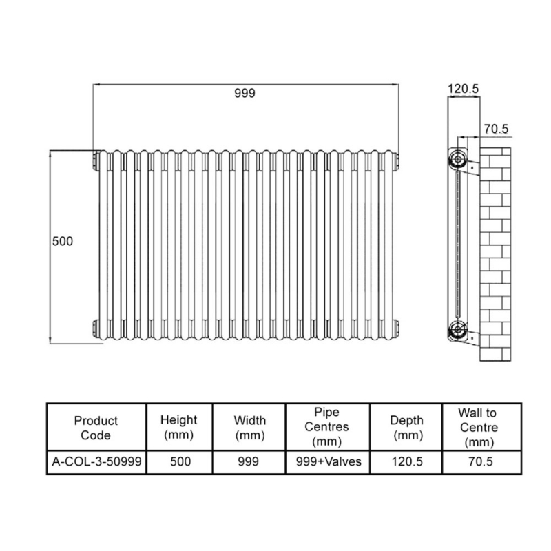 MaxHeat Octavius 3-Column Horizontal Radiator 500mm H x 999mm W - Anthracite