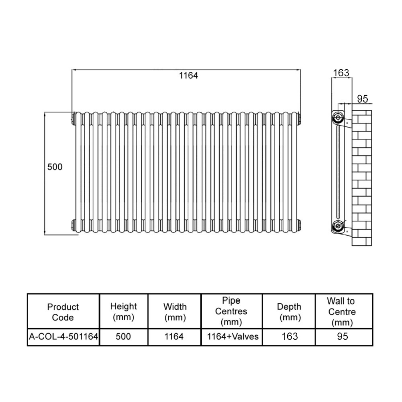 MaxHeat Octavius 4-Column Horizontal Radiator 500mm H x 1164mm W - Anthracite