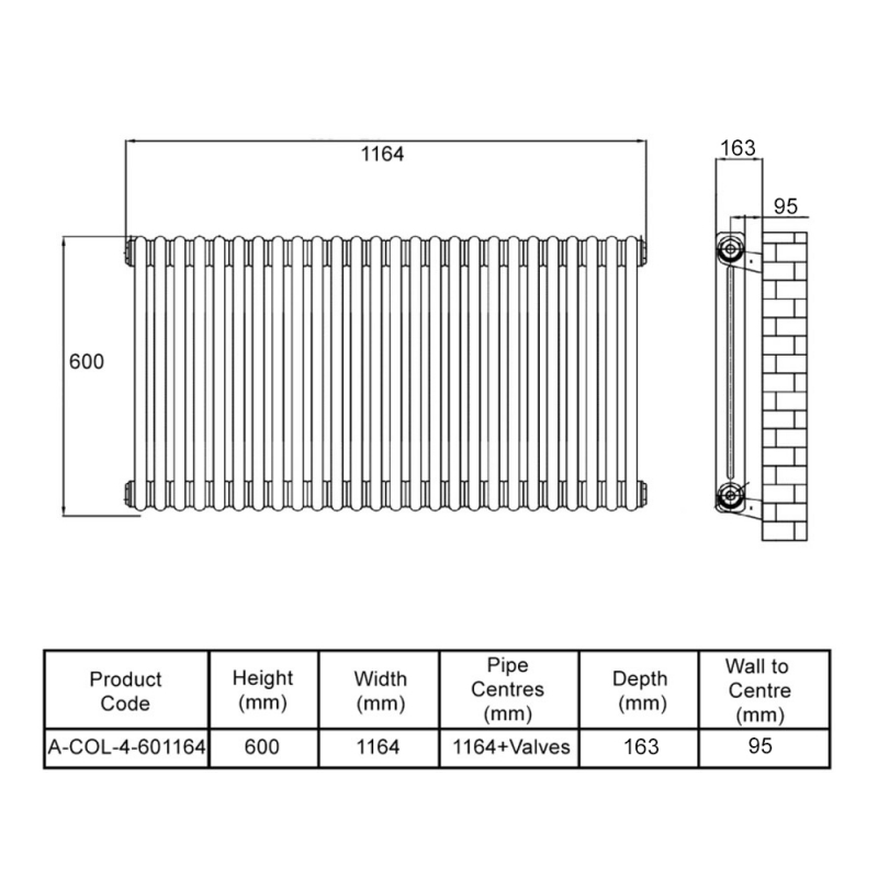 MaxHeat Octavius 4-Column Horizontal Radiator 600mm H x 1164mm W - Anthracite