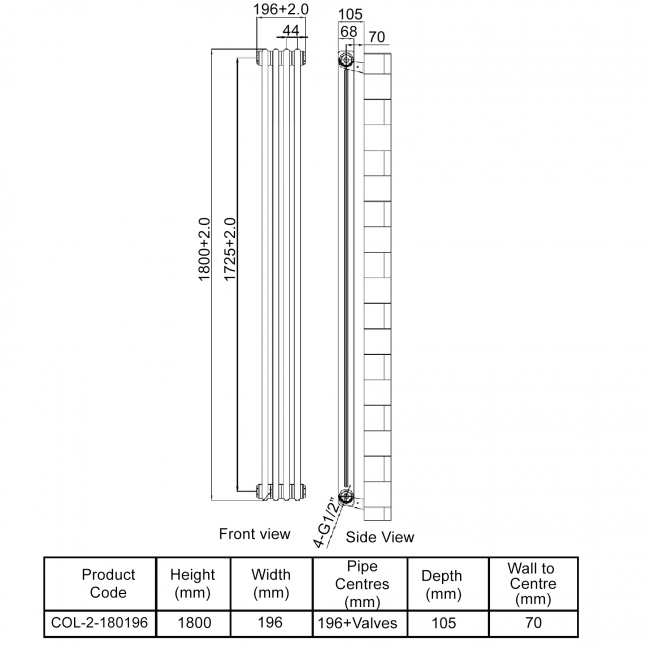 MaxHeat Octavius 2-Column Vertical Radiator 1800mm H x 196mm W - White