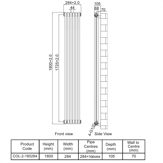 MaxHeat Octavius 2-Column Vertical Radiator 1800mm H x 284mm W - White
