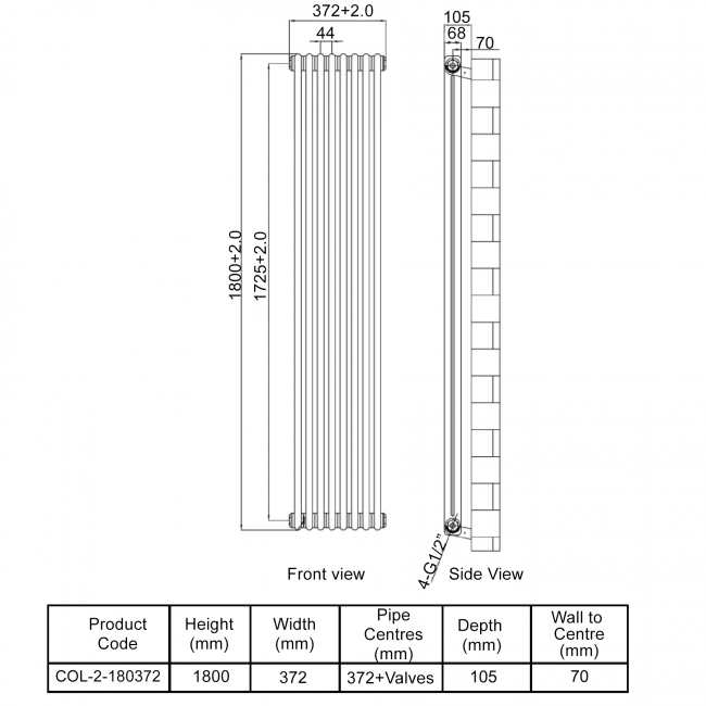 MaxHeat Octavius 2-Column Vertical Radiator 1800mm H x 372mm W - White