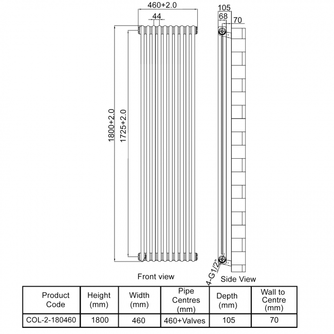 MaxHeat Octavius 2-Column Vertical Radiator 1800mm H x 460mm W - White
