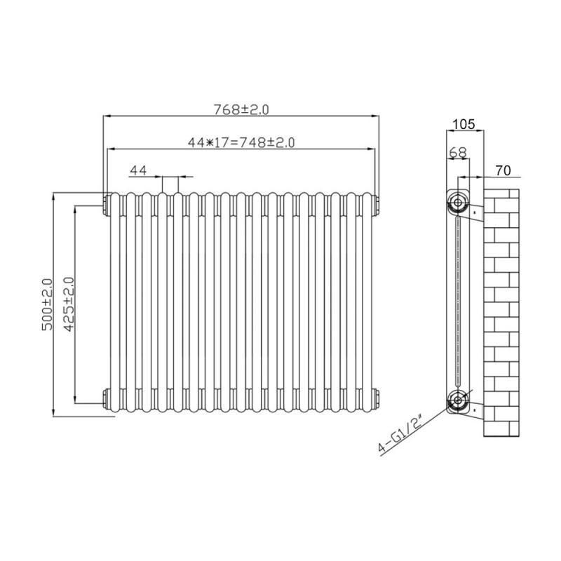 MaxHeat Octavius 2-Column Horizontal Radiator 500mm H x 768mm W - White