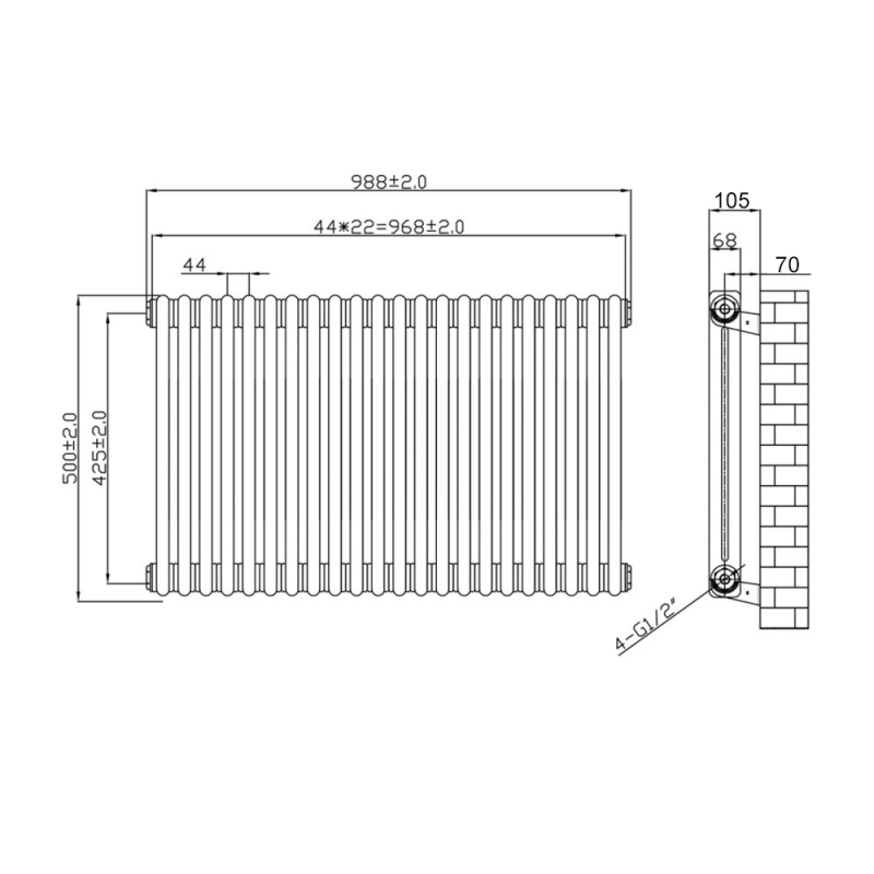 MaxHeat Octavius 2-Column Horizontal Radiator 500mm H x 988mm W - White