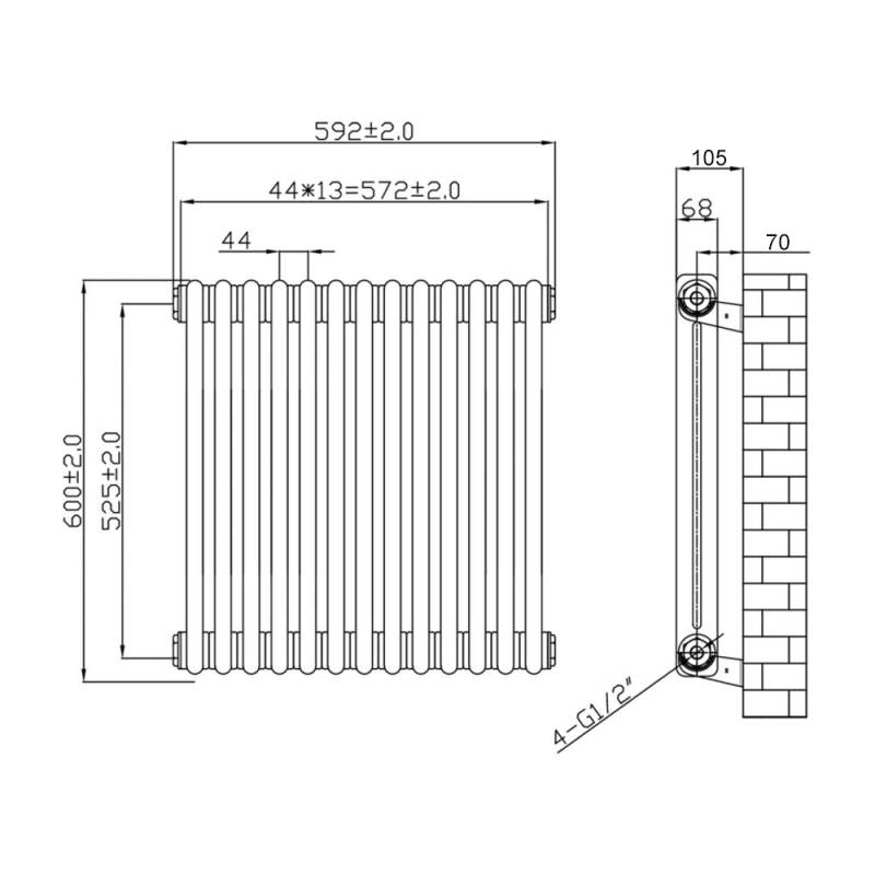 MaxHeat Octavius 2-Column Horizontal Radiator 600mm H x 592mm W - White