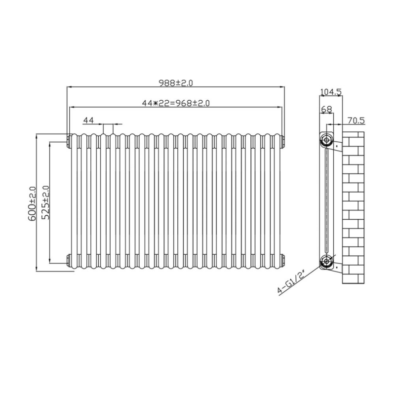 MaxHeat Octavius 3-Column Horizontal Radiator 500mm H x 999mm W - White