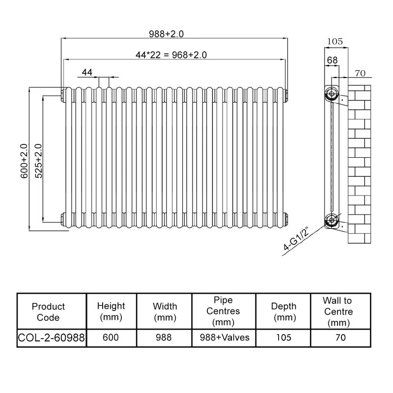 MaxHeat Octavius 2-Column Horizontal Radiator 600mm H x 988mm W - White
