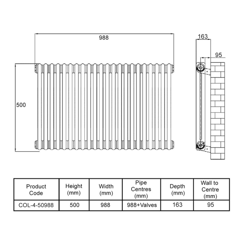 MaxHeat Octavius 4-Column Horizontal Radiator 500mm H x 988mm W - White