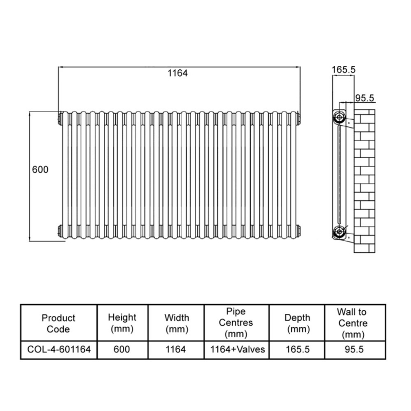 MaxHeat Octavius 4-Column Horizontal Radiator 600mm H x 1164mm W - White
