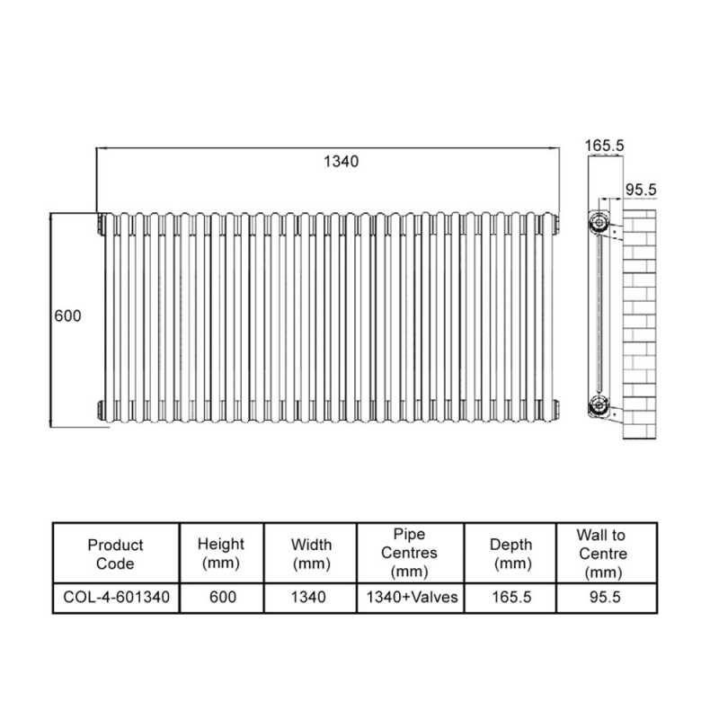 MaxHeat Octavius 4-Column Horizontal Radiator 600mm H x 1340mm W - White