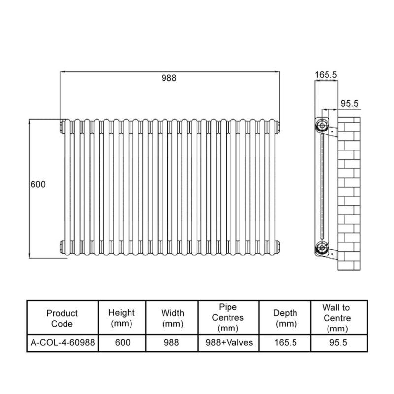 MaxHeat Octavius 4-Column Horizontal Radiator 600mm H x 988mm W - White