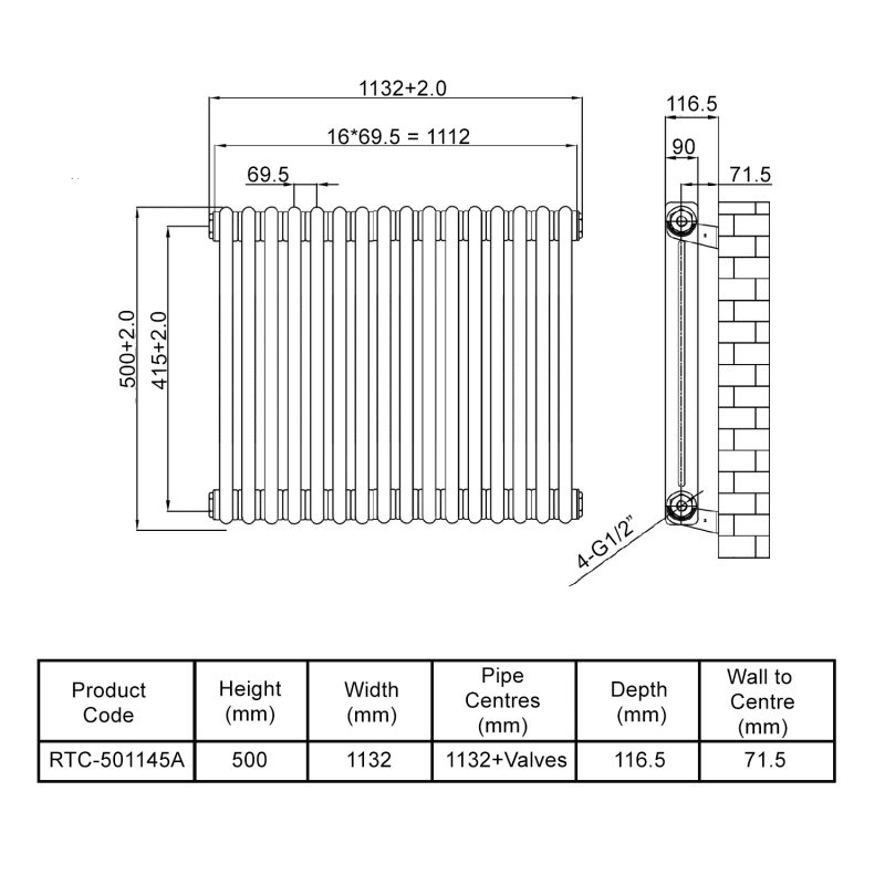 MaxHeat Octavius 2 Column Horizontal Radiator 500mm H x 1132mm W - Anthracite