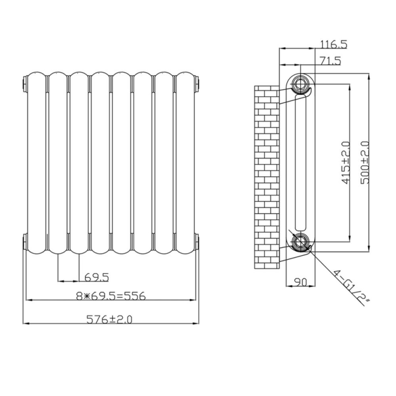 MaxHeat Octavius 2 Column Horizontal Radiator 500mm H x 576mm W - White