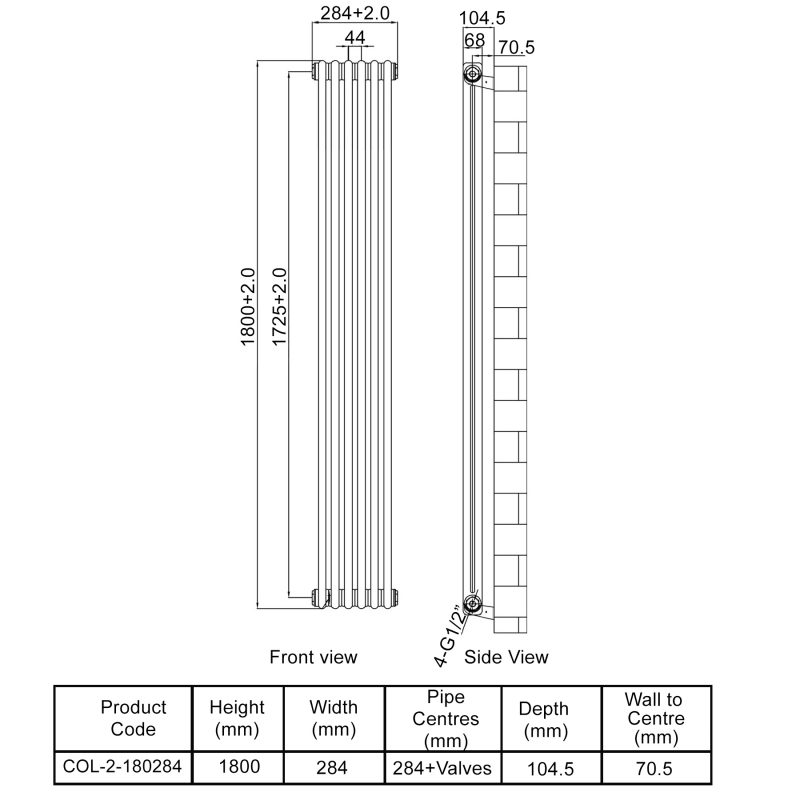 MaxHeat Octavius 2-Column Vertical Radiator 1800mm H x 284mm W - White