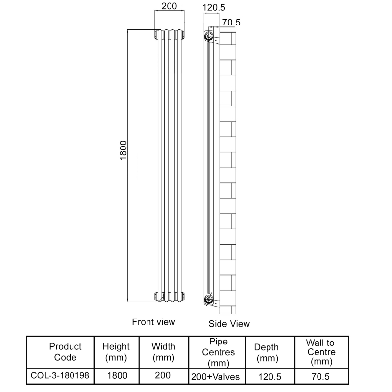 MaxHeat Octavius 3-Column Vertical Radiator 1800mm H x 198mm W - White