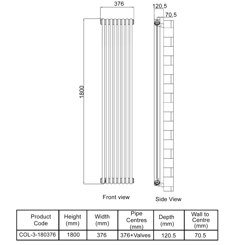 MaxHeat Octavius 3-Column Vertical Radiator 1800mm H x 376mm W - White