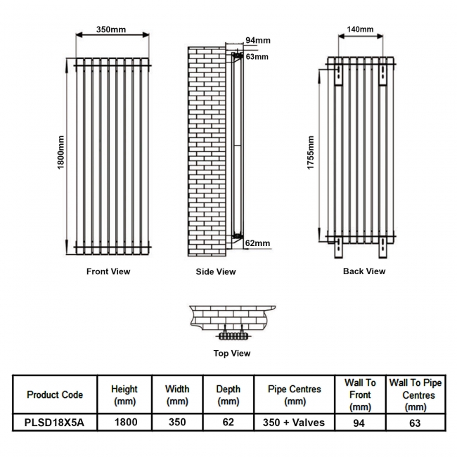 MaxHeat Pulse Anthracite Double Vertical Designer Radiator 1800mm (H) x 350mm (W)  | Dimension Image