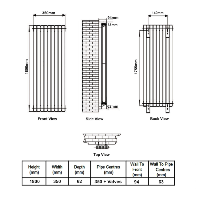 MaxHeat Pulse Black Double Vertical Designer Radiator 1800mm (H) x 350mm (W)  | Dimension Image