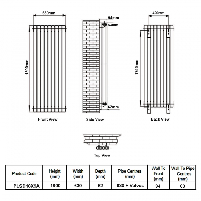 MaxHeat Pulse Anthracite Double Vertical Designer Radiator 1800mm (H) x 630mm (W)  | Dimension Image