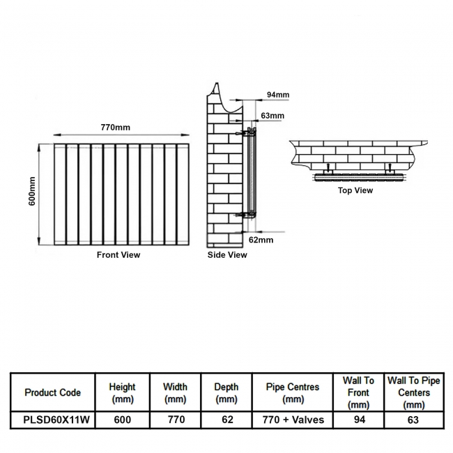 MaxHeat Pulse White Double Horizontal Designer Radiator 600mm (H) x 770mm (W)  | Dimension Image