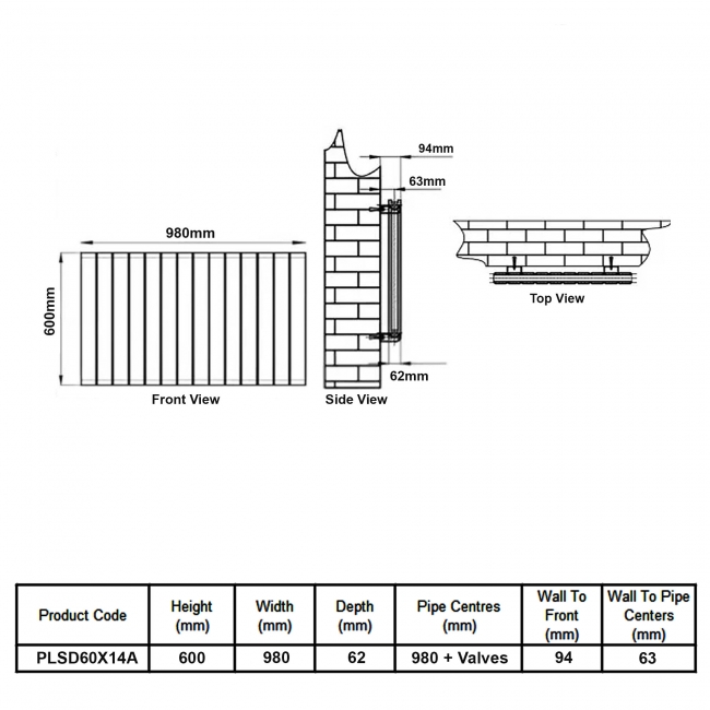 MaxHeat Pulse Anthracite Double Horizontal Designer Radiator 600mm (H) x 980mm (W)  | Dimension Image