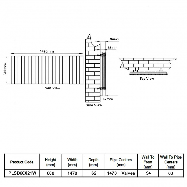 MaxHeat Pulse White Double Horizontal Designer Radiator 600mm (H) x 1470mm (W)  | Dimension Image