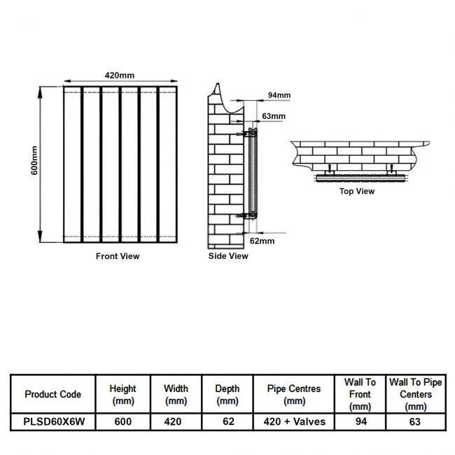 MaxHeat Pulse White Double Horizontal Designer Radiator 600mm (H) x 420mm (W)  | Dimension Image