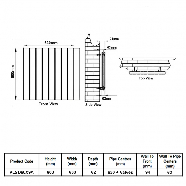 MaxHeat Pulse Anthracite Double Horizontal Designer Radiator 600mm (H) x 630mm (W)  | Dimension Image