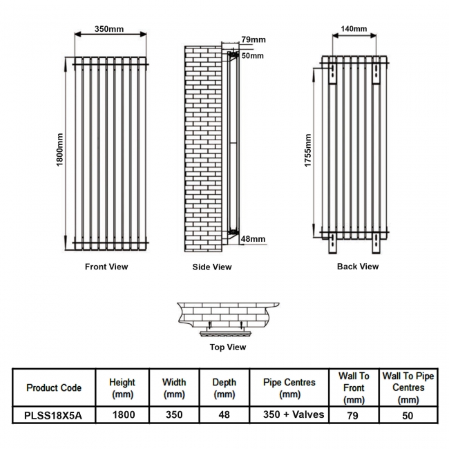 MaxHeat Pulse Anthracite Single Vertical Designer Radiator 1800mm (H) x 350mm (W)  | Dimension Image
