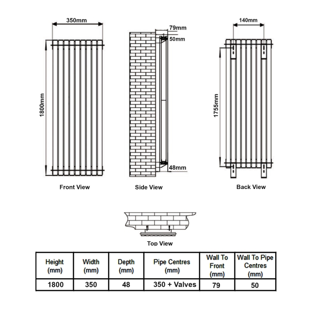 MaxHeat Pulse Black Single Vertical Designer Radiator 1800mm (H) x 350mm (W)  | Dimension Image