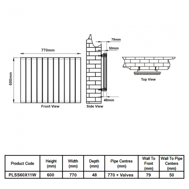 MaxHeat Pulse White Single Horizontal Designer Radiator 600mm (H) x 770mm (W)  | Dimension Image