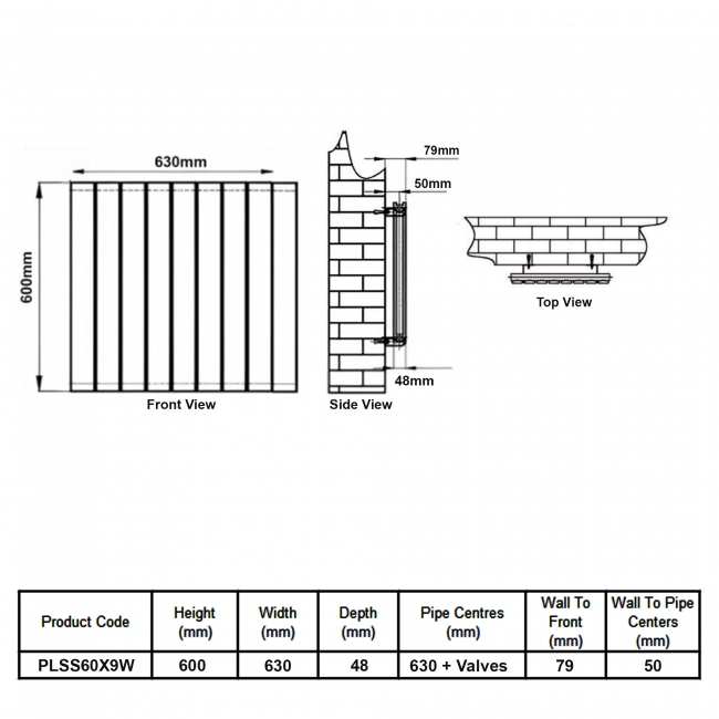 MaxHeat Pulse White Single Horizontal Designer Radiator 600mm (H) x 630mm (W)  | Dimension Image