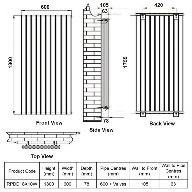 MaxHeat Rapid White Double Vertical Designer Radiator 1800mm (H) x 600mm (W)  | Dimension Image