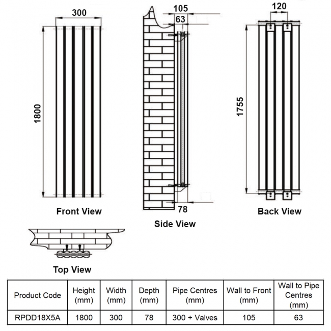 MaxHeat Rapid Anthracite Double Vertical Designer Radiator 1800mm (H) x 300mm (W)  | Dimension Image