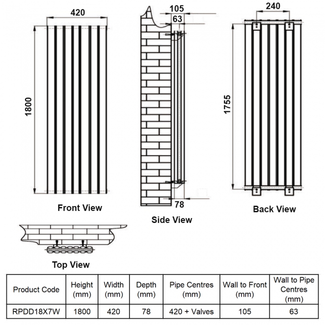 MaxHeat Rapid White Double Vertical Designer Radiator 1800mm (H) x 420mm (W)  | Dimension Image