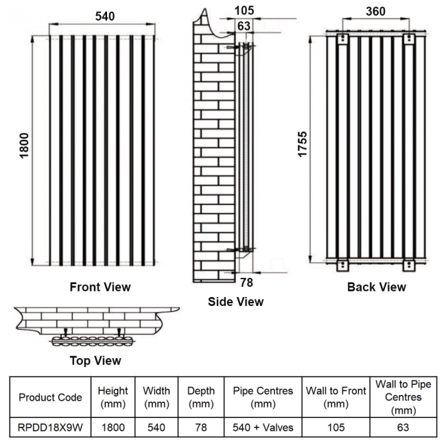MaxHeat Rapid White Double Vertical Designer Radiator 1800mm (H) x 540mm (W)  | Dimension Image