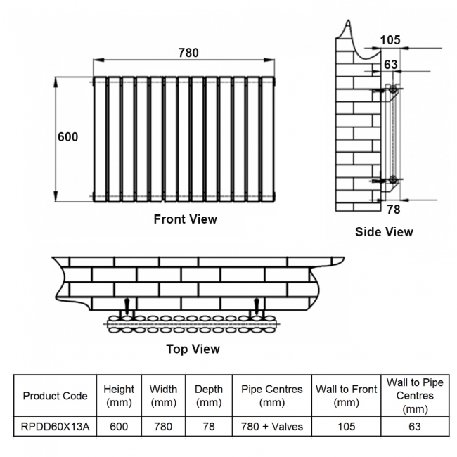 MaxHeat Rapid Anthracite Double Horizontal Designer Radiator 600mm (H) x 780mm (W)  | Dimension Image