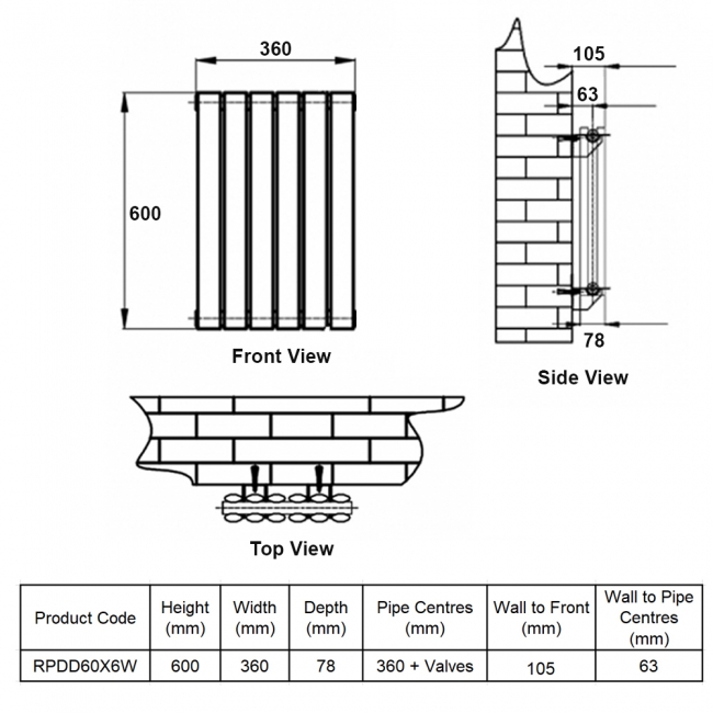 MaxHeat Rapid White Double Horizontal Designer Radiator 600mm (H) x 360mm (W)  | Dimension Image