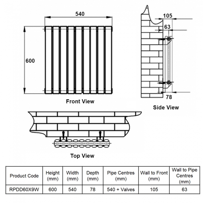 MaxHeat Rapid White Double Horizontal Designer Radiator 600mm (H) x 540mm (W)  | Dimension Image