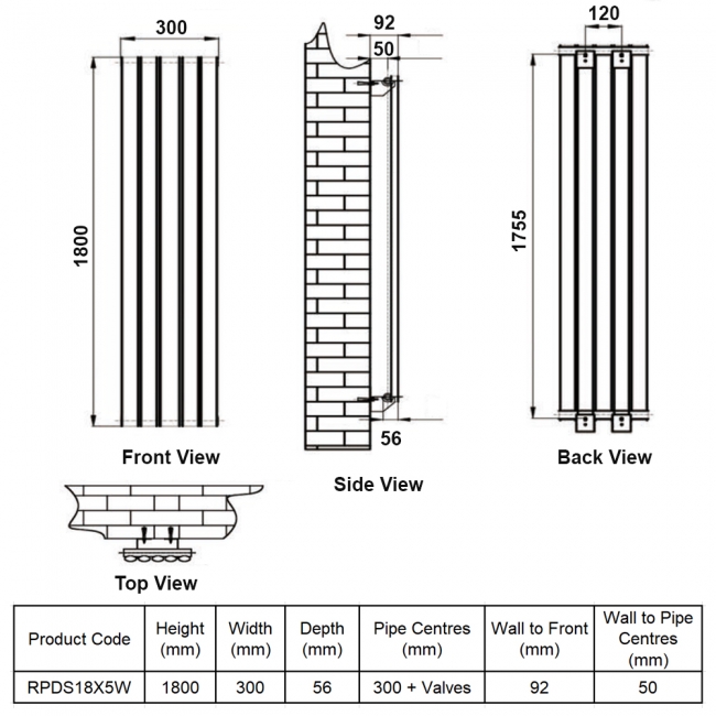 MaxHeat Rapid White Single Vertical Designer Radiator 1800mm (H) x 300mm (W)  | Dimension Image