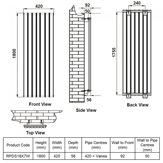 MaxHeat Rapid White Single Vertical Designer Radiator 1800mm (H) x 420mm (W)  | Dimension Image
