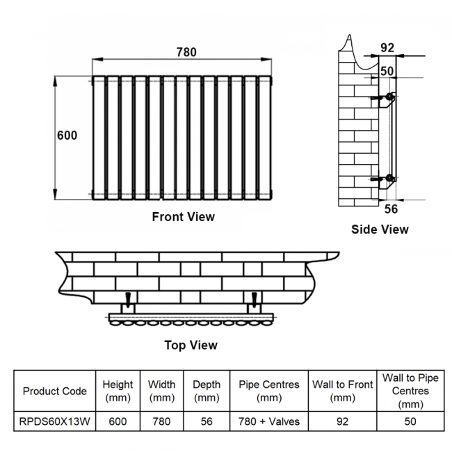MaxHeat Rapid White Single Horizontal Designer Radiator 600mm (H) x 780mm (W)  | Dimension Image