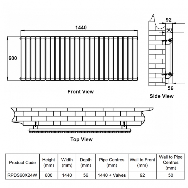 MaxHeat Rapid White Single Horizontal Designer Radiator 600mm (H) x 1440mm (W)  | Dimension Image