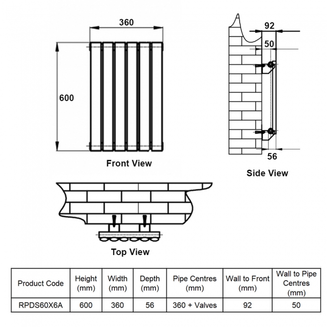 MaxHeat Rapid Anthracite Single Horizontal Designer Radiator 600mm (H) x 360mm (W)  | Dimension Image