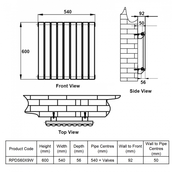 MaxHeat Rapid White Single Horizontal Designer Radiator 600mm (H) x 540mm (W)  | Dimension Image