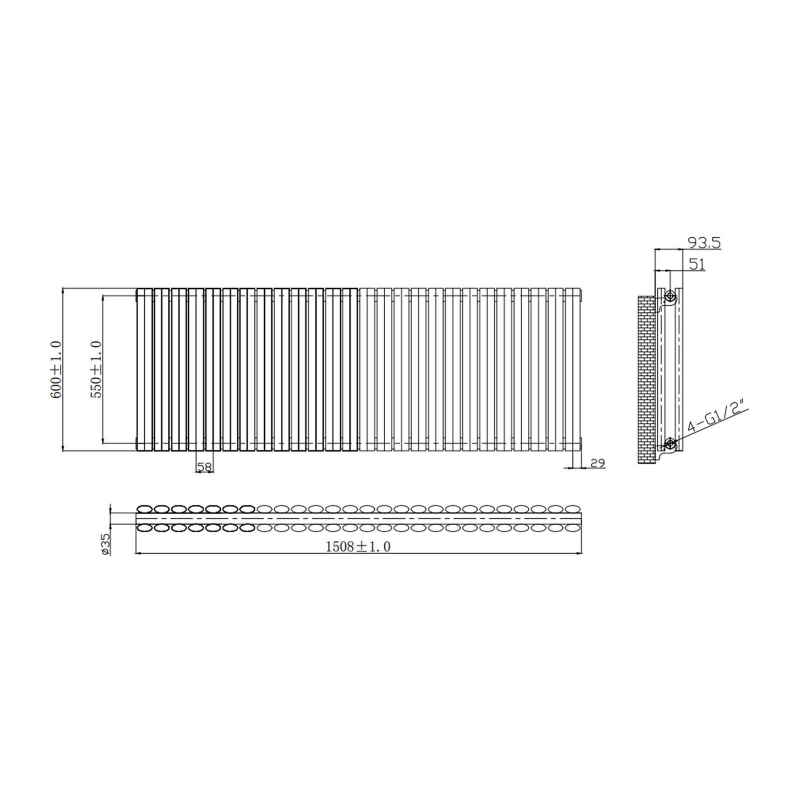 MaxHeat Saltash Double Designer Horizontal Radiator 600mm H x 1508mm W White
