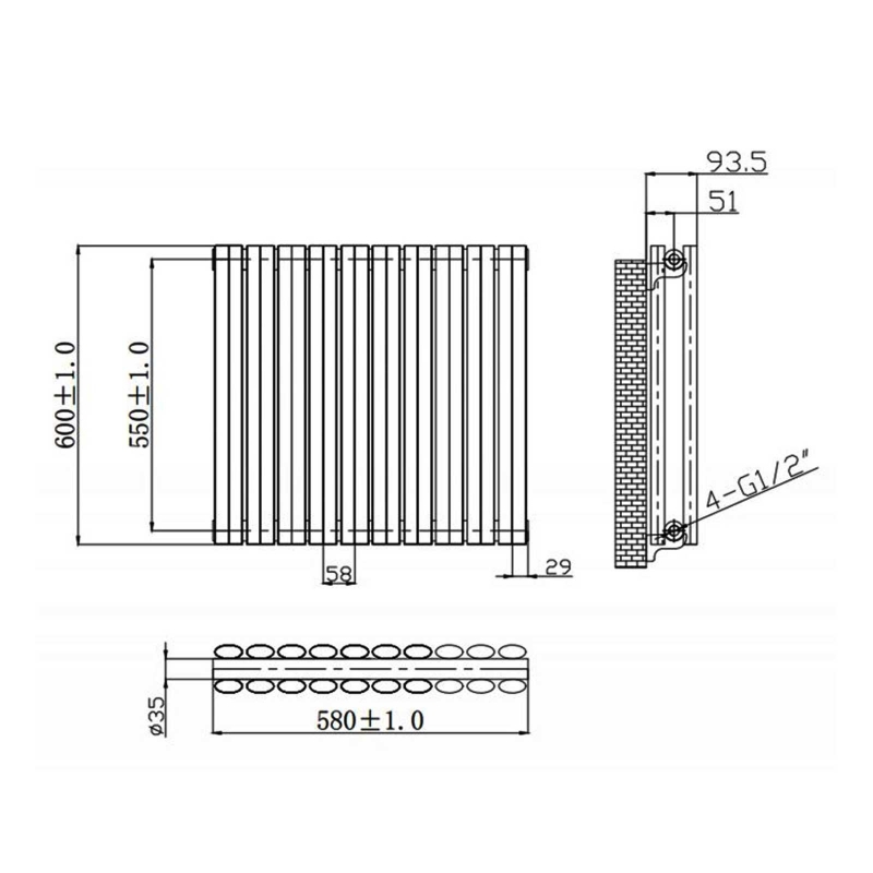 MaxHeat Saltash Double Designer Horizontal Radiator 600mm H x 580mm W Anthracite