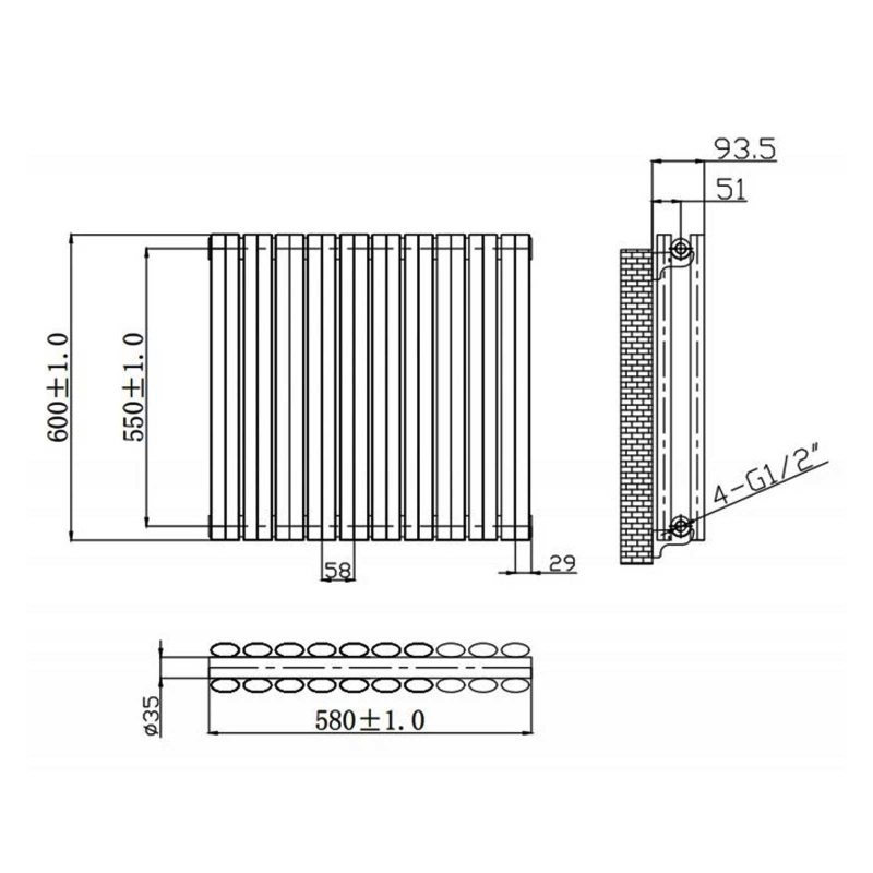MaxHeat Saltash Double Horizontal Radiator 600mm High x 580mm Wide Black