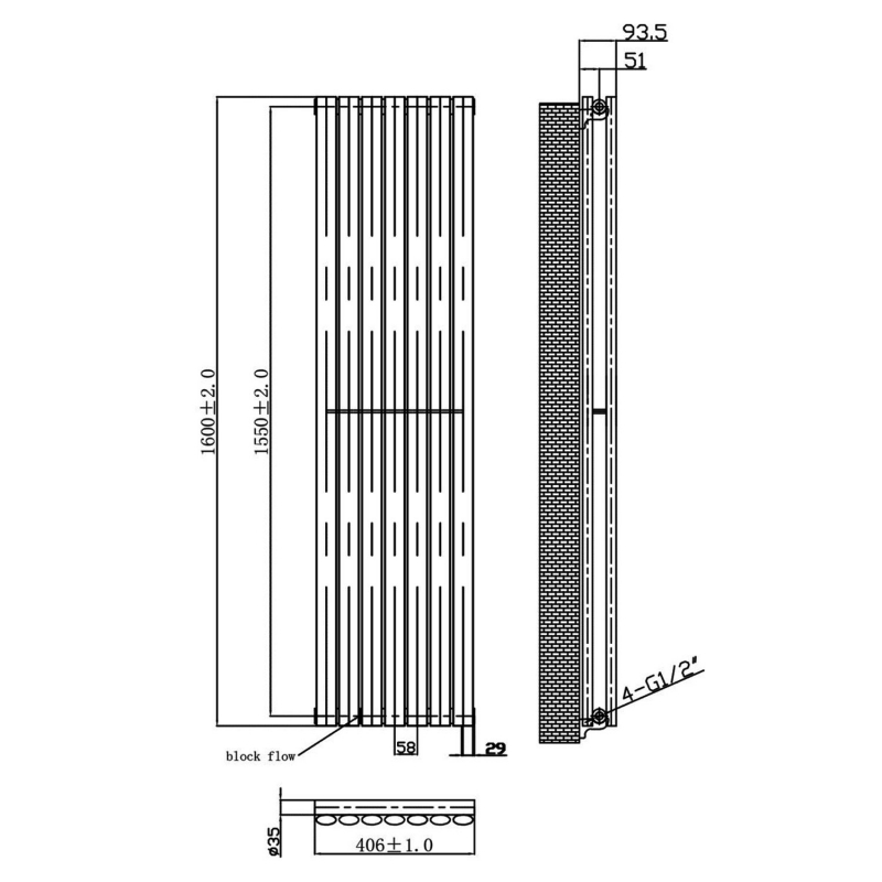 MaxHeat Saltash Double Designer Vertical Radiator 1600mm H x 406mm W Anthracite
